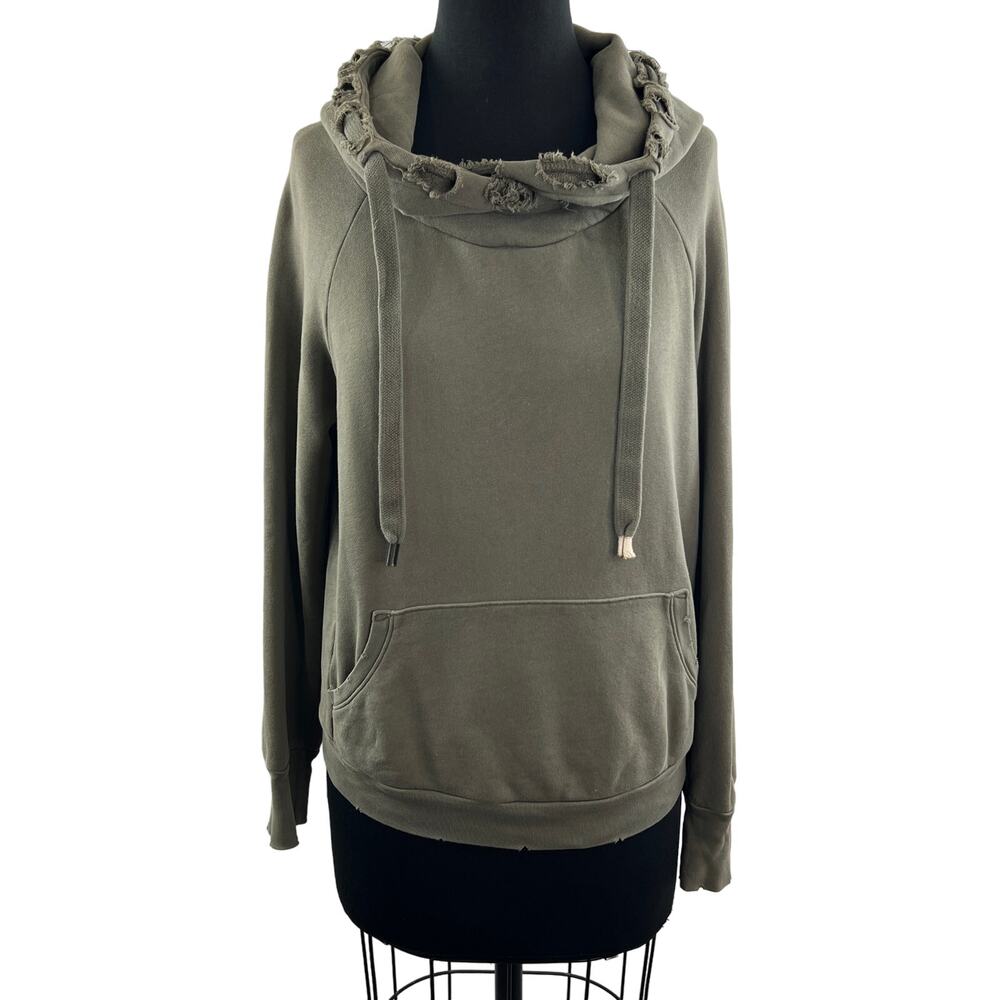 NSF Olive Green Pullover Hoodie Cotton Long Sleeves Distressed Pockets Size S